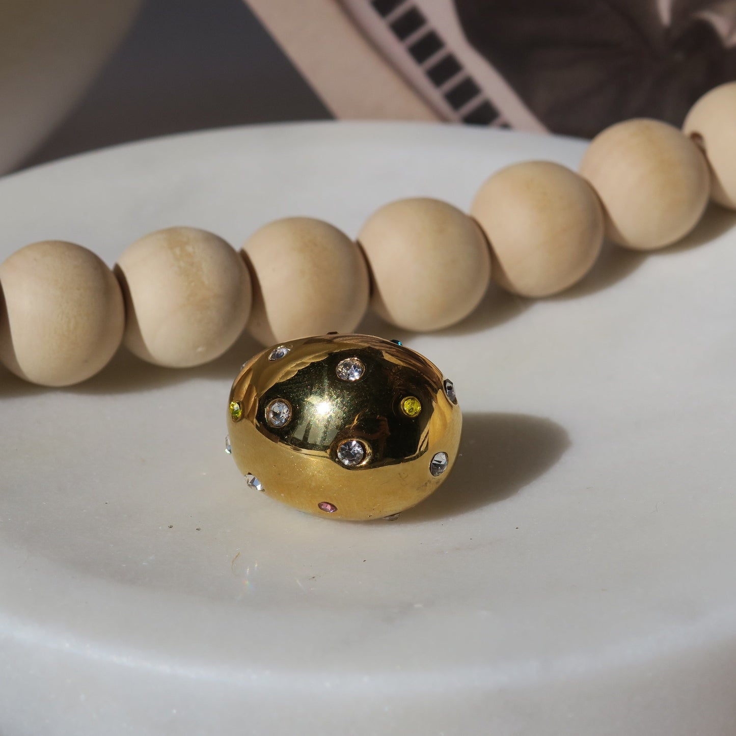 14k Gold and Colorful Rhinestone Chunky Ring