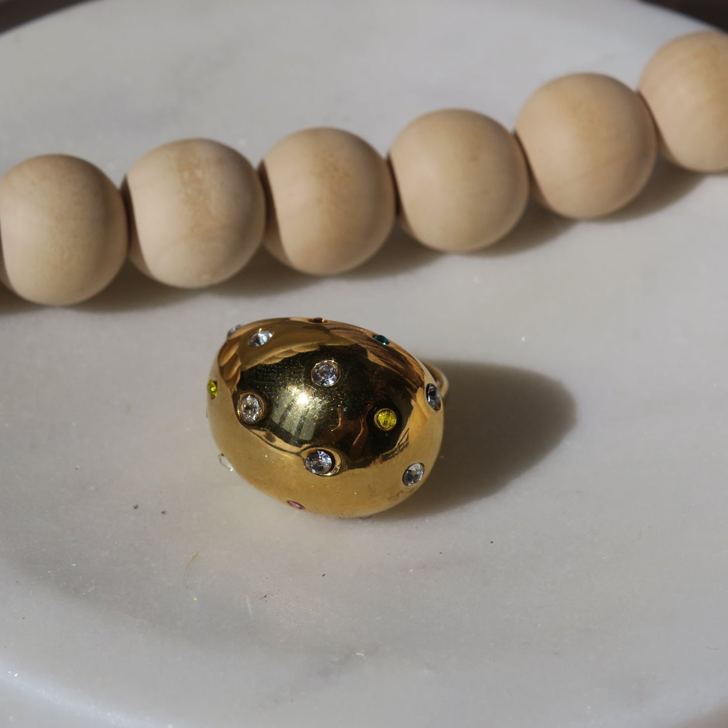 14k Gold and Colorful Rhinestone Chunky Ring