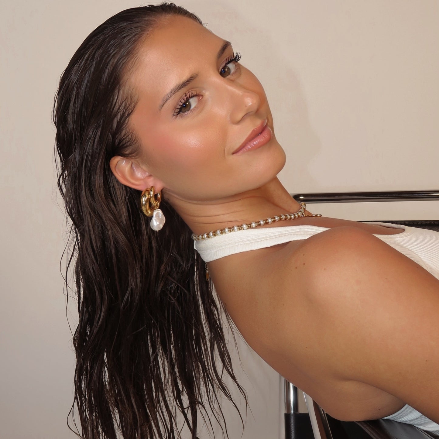 Golden Pearl Drop Hoops