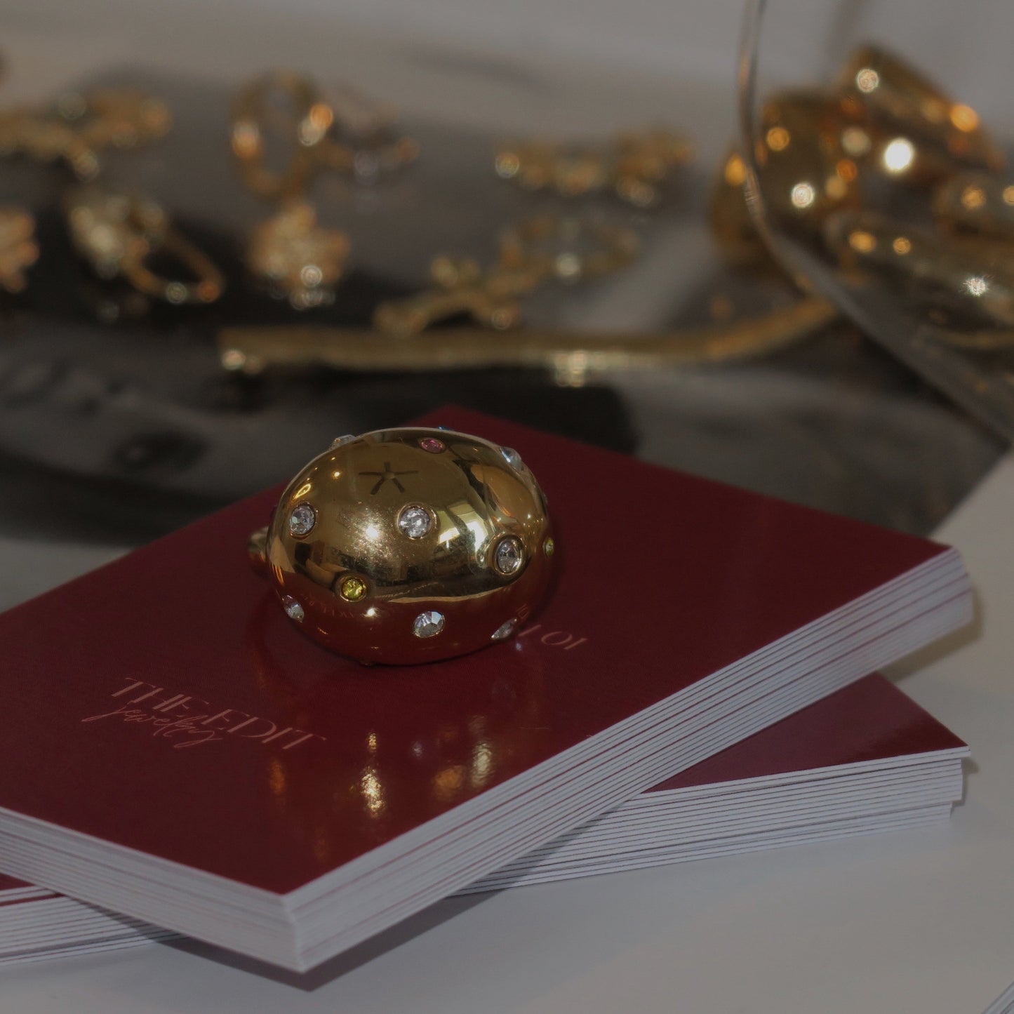 14k Gold and Colorful Rhinestone Chunky Ring