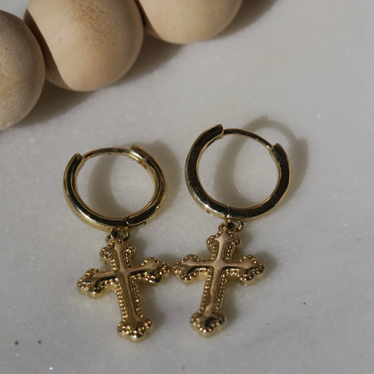 14k Gold Cross Charm Hoops