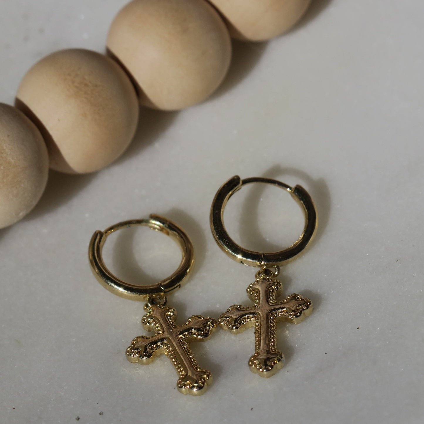 14k Gold Cross Charm Hoops