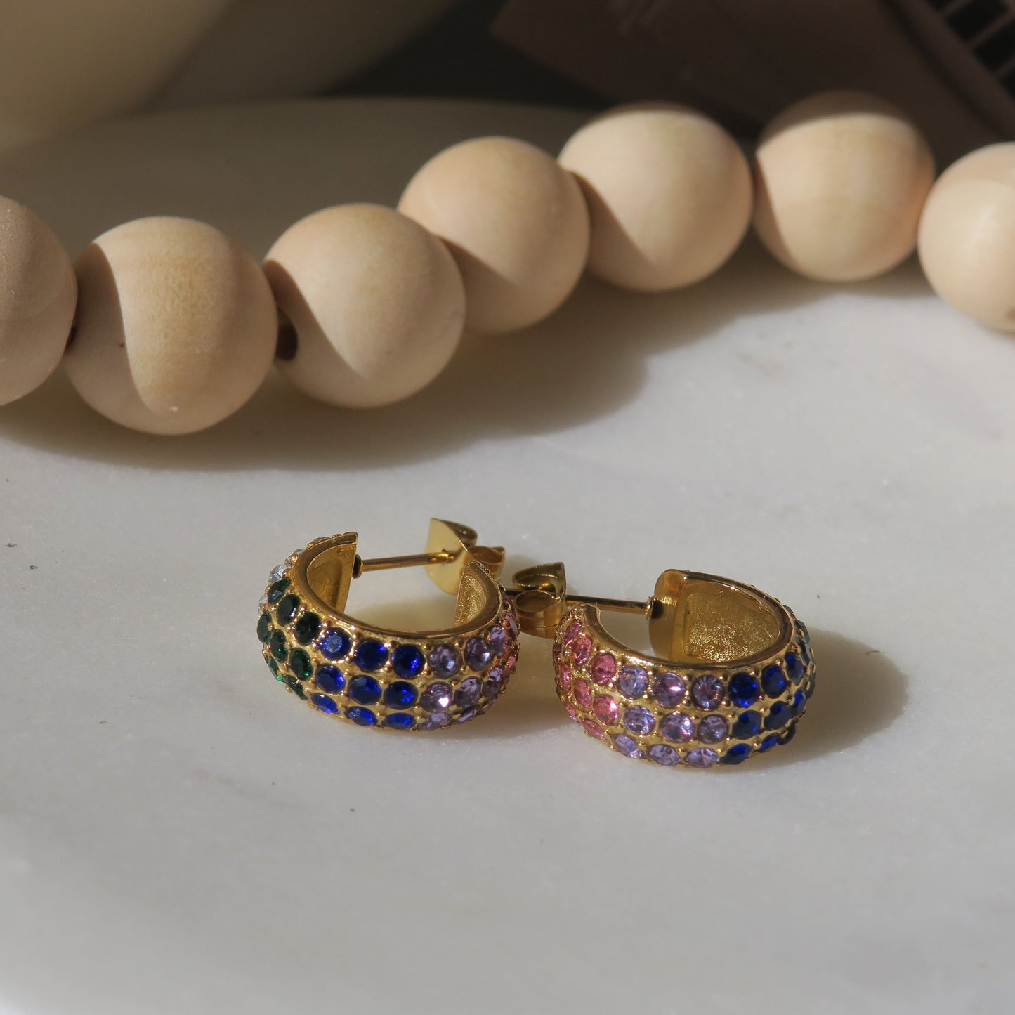 14k Gold and Tri-Color Rhinestone Hoops