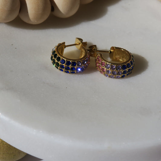 14k Gold and Tri-Color Rhinestone Hoops